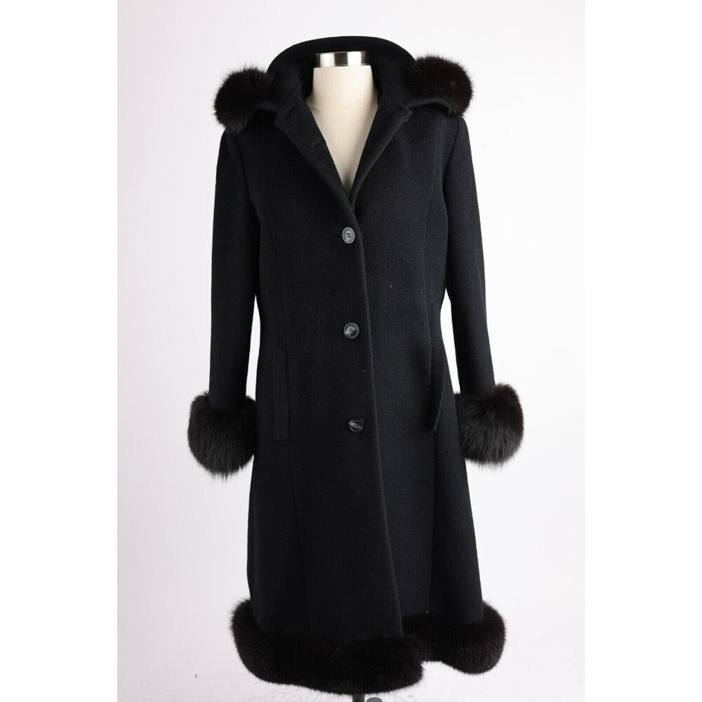 $3,400 Gai Mattiolo Couture Fox Fur Trimmed Wool Coat SZ 46 Black